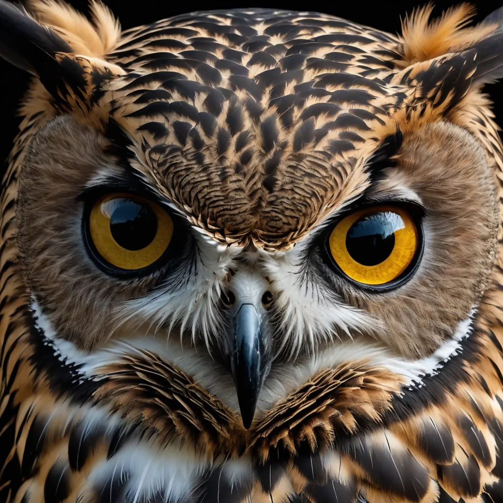 a close up of an owl with yellow eyes and a black background with a black background and a white background with a black background, photorealism, an album cover, Arie Smit, behance hd