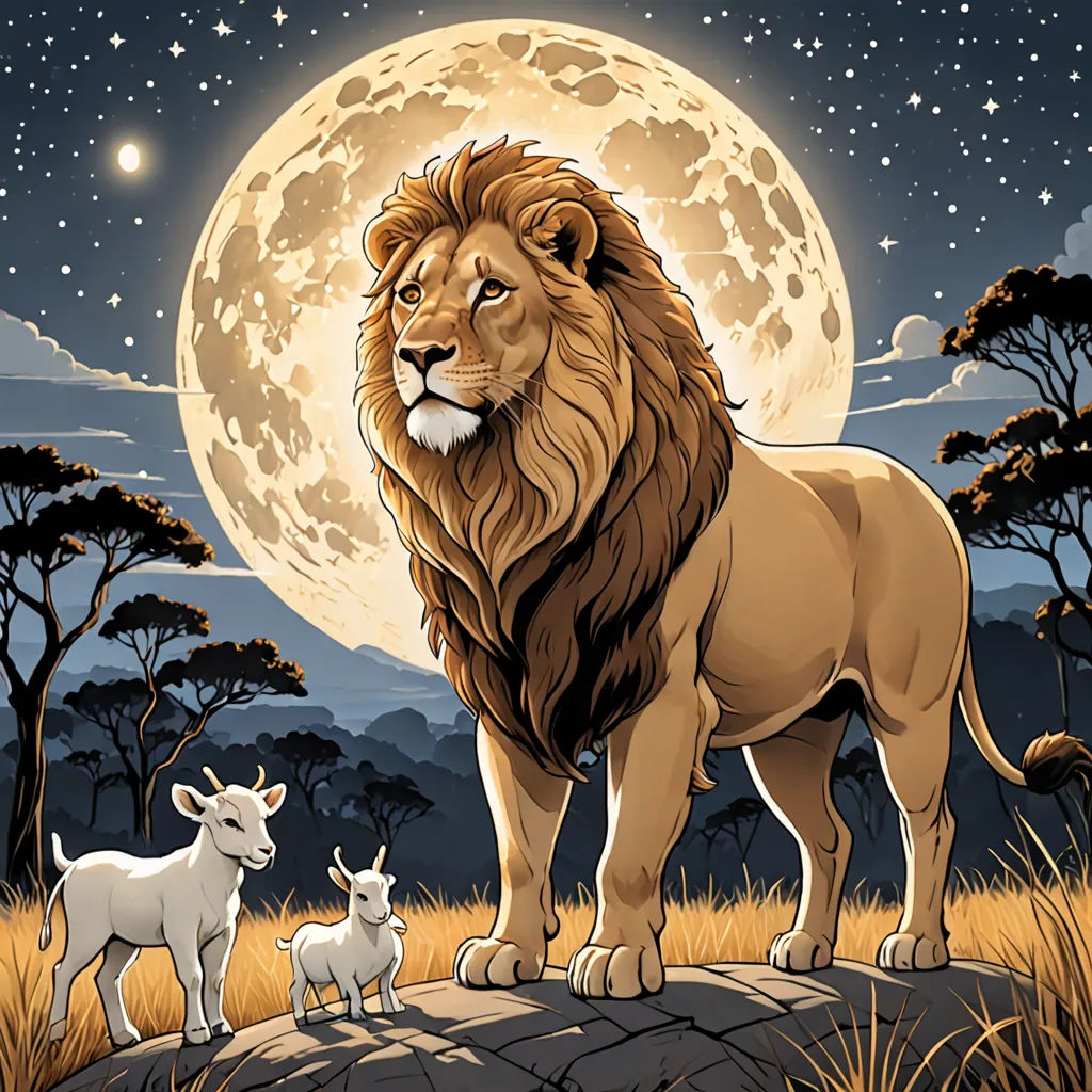 a lion and a lamb standing on a rock in front of a full moon sky with trees and grass, lyco art, a storybook illustration, Chris LaBrooy, poster