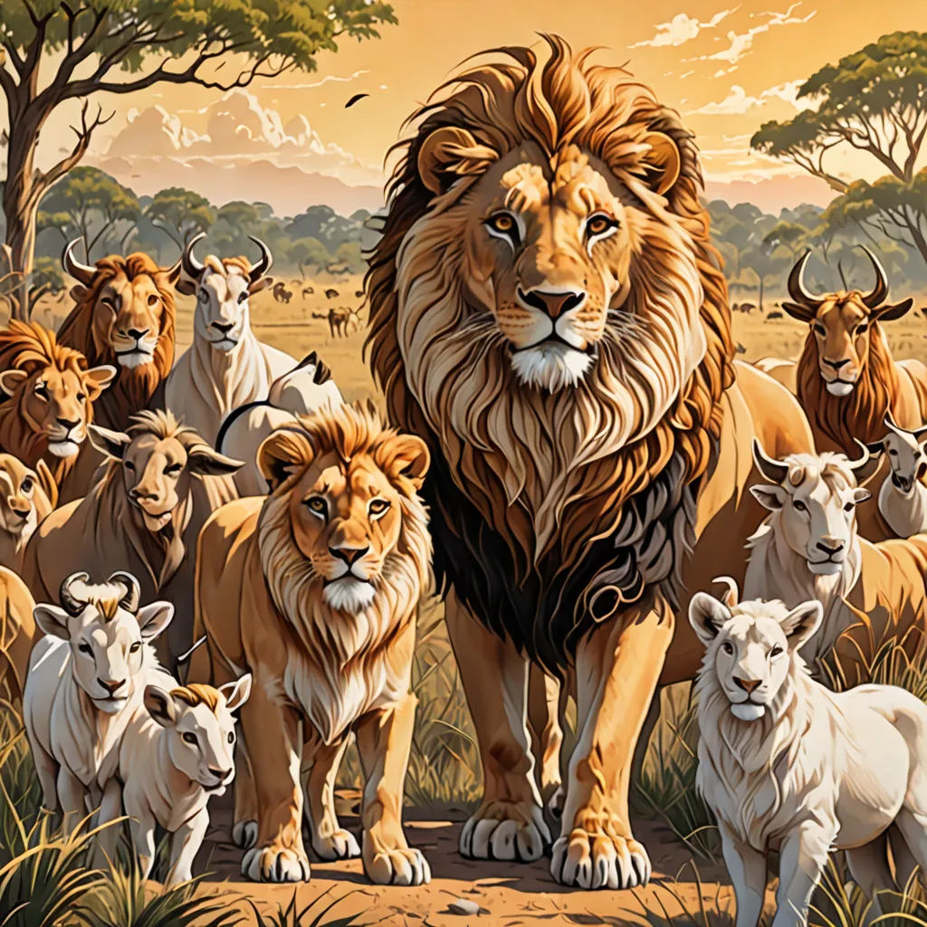 a painting of a lion surrounded by other animals in a field of grass and trees, with a sunset in the background, lyco art, an airbrush painting, Chris LaBrooy, highly detailed digital painting