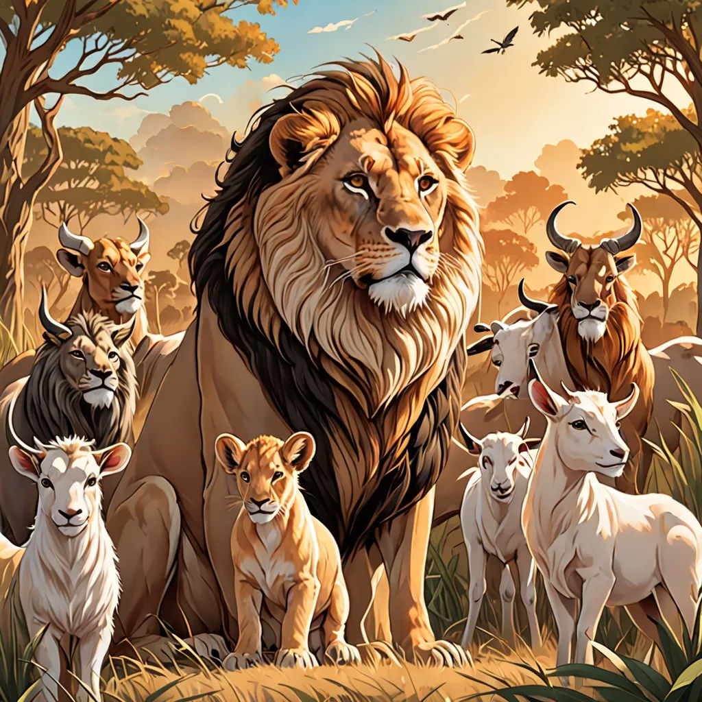 a painting of a lion surrounded by other animals in a forest setting with trees and birds in the background, lyco art, a storybook illustration, Chris LaBrooy, furaffinity