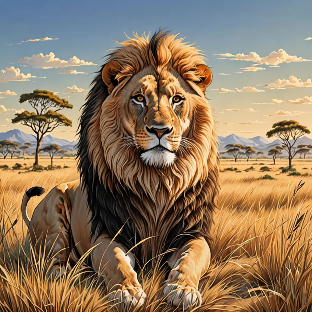a lion sitting in a field of tall grass with trees in the background and clouds in the sky above, fantastic realism, an airbrush painting, Chris LaBrooy, highly detailed digital painting