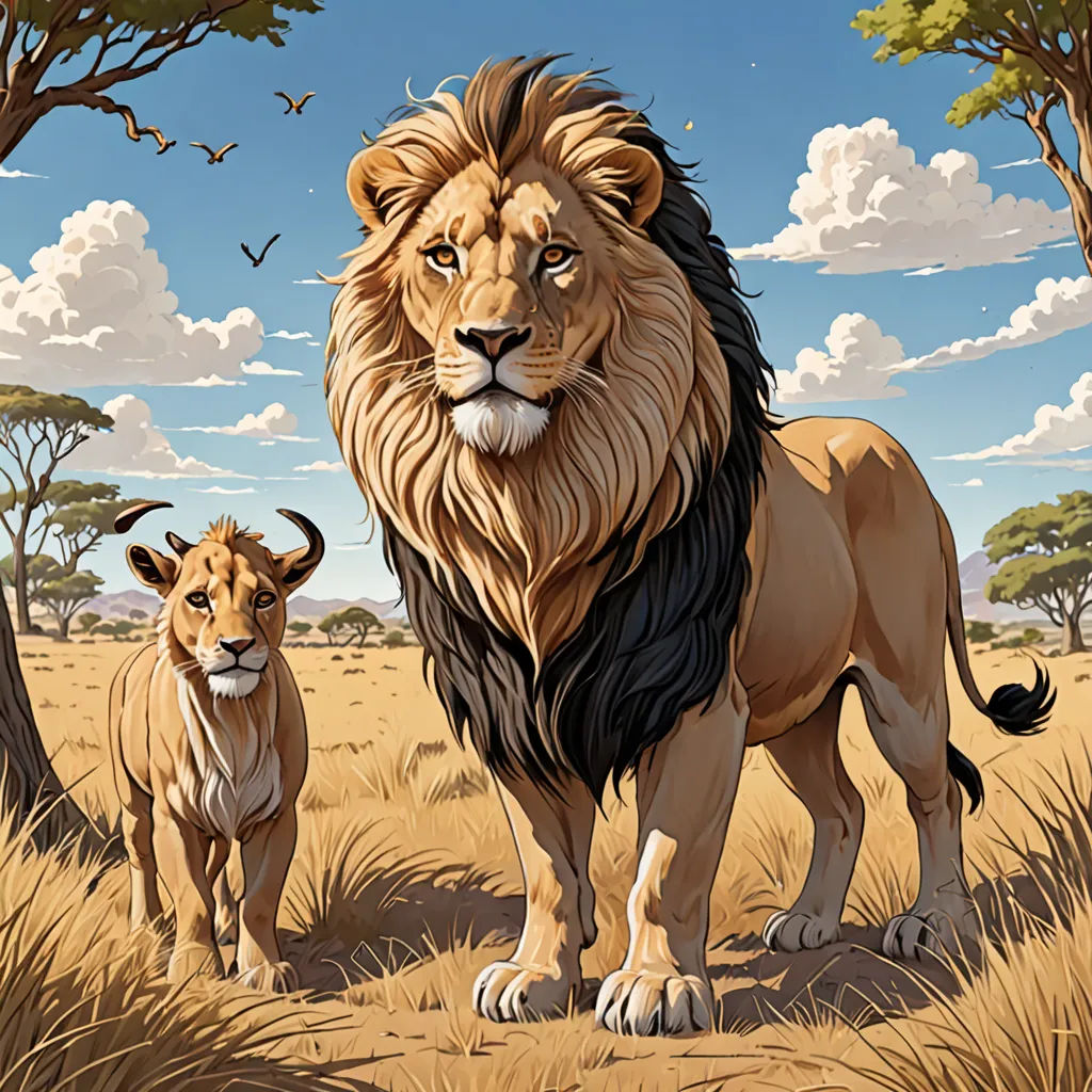a lion and a lioness standing in a field of grass and trees with a sky background and clouds, furry art, an airbrush painting, Chris LaBrooy, official art