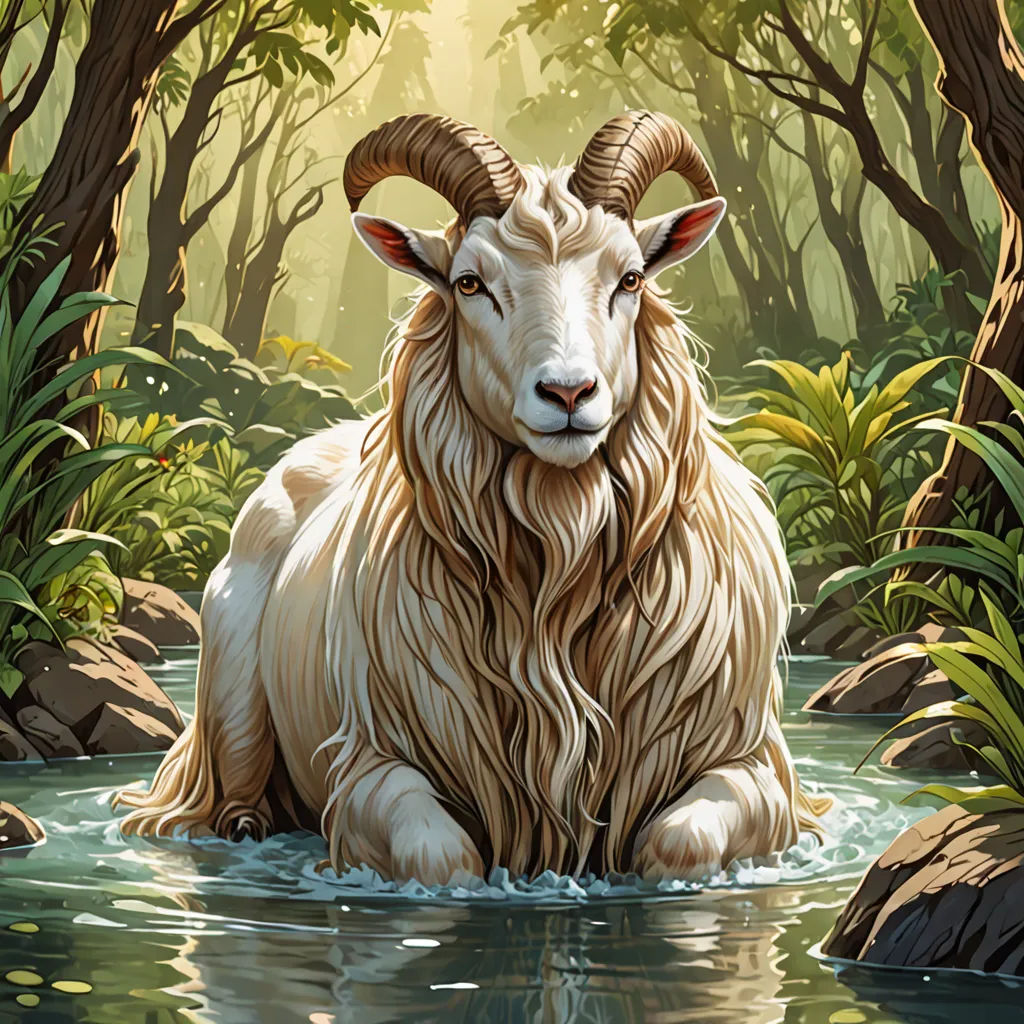 a painting of a ram sitting in a river in a forest with rocks and trees around it, with a bright light shining on the background, fantasy art, an airbrush painting, Chris LaBrooy, highly detailed digital painting