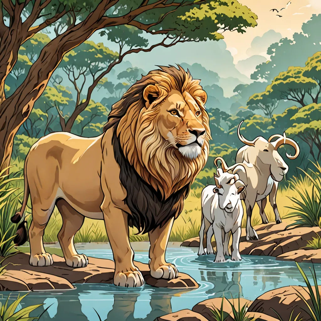 a lion and two goats are standing in the water near a tree and a stream of water in a jungle, lyco art, a storybook illustration, Chris LaBrooy, high detail illustration