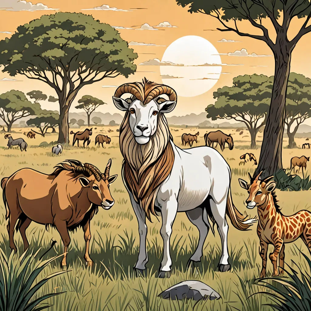 a painting of a ram and two baby animals in a field with trees and other animals in the background, naturalism, a storybook illustration, Asaf Hanuka, furaffinity