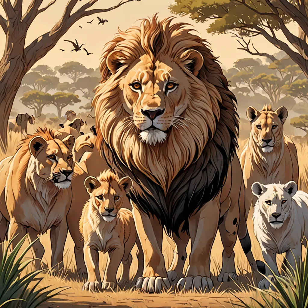 a painting of a lion and his cubs in the wild with trees and birds in the background and a bird in the foreground, furry art, an album cover, Chris LaBrooy, poster