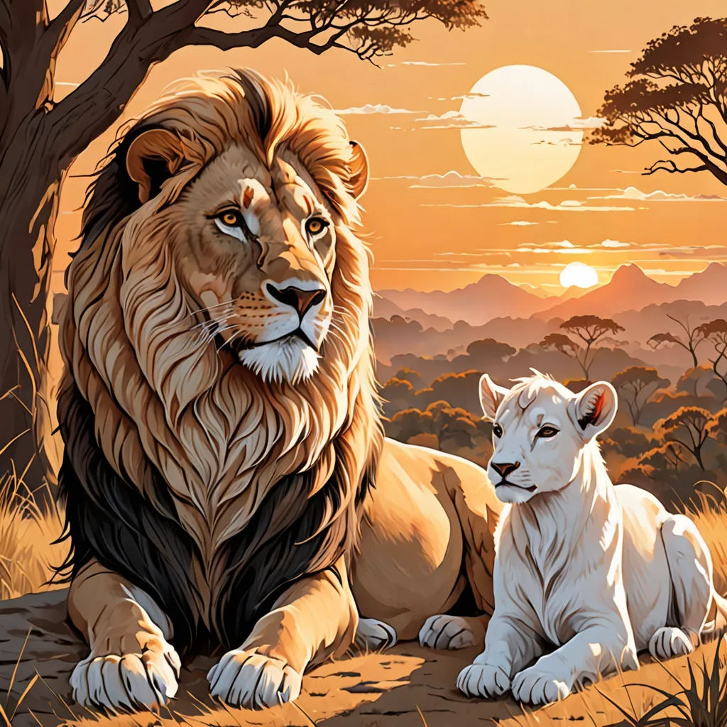 a lion and a white lion sitting in the grass under a tree at sunset with a full moon in the background, fantasy art, an airbrush painting, Brothers Hildebrandt, highly detailed digital painting