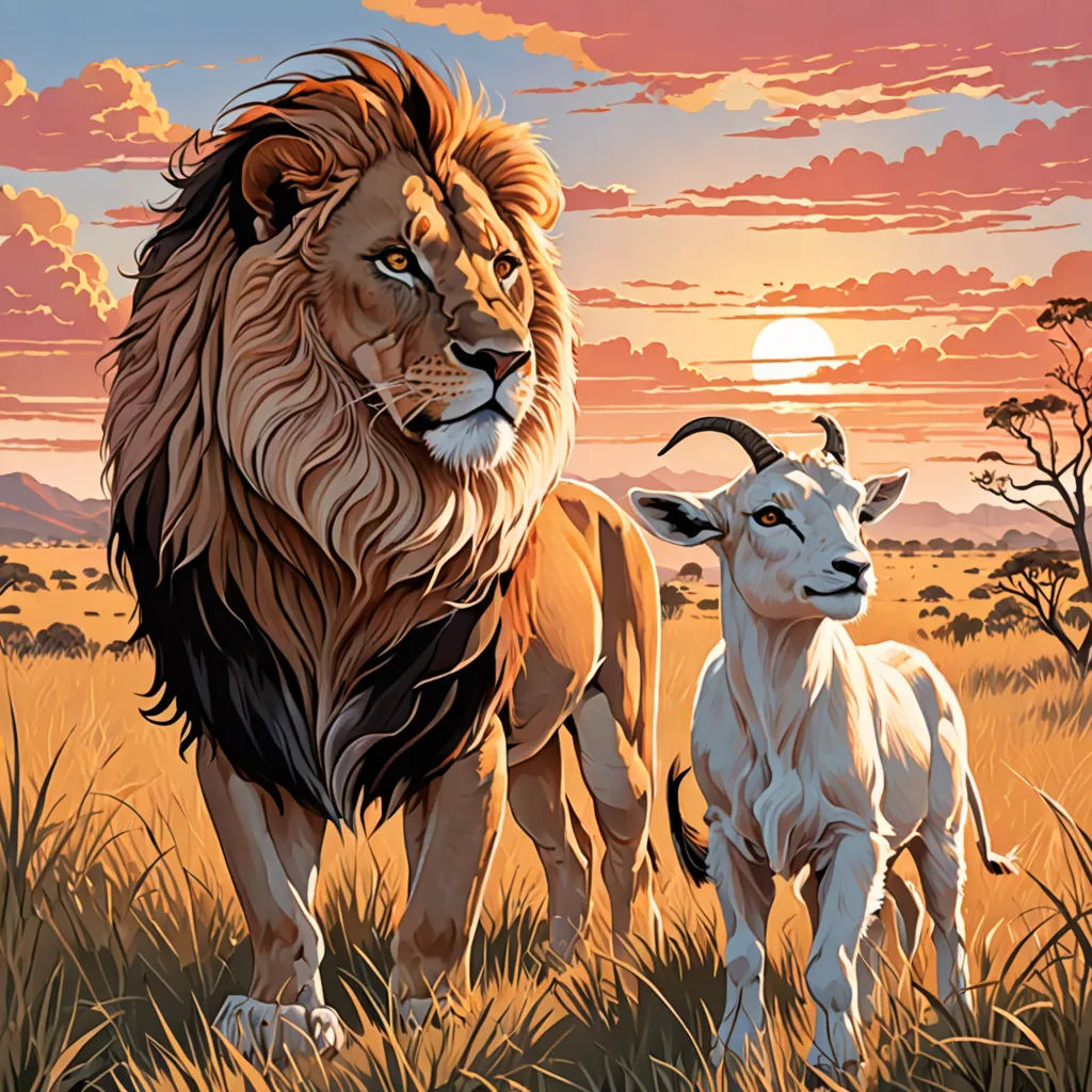 a lion and a goat standing in a field at sunset with a sky background and clouds in the background, lyco art, a poster, Brothers Hildebrandt, official art