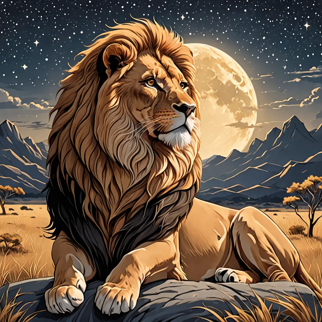 a lion sitting on a rock in the middle of a field with a full moon in the background and a mountain range in the distance, fantasy art, poster art, Chris LaBrooy, highly detailed digital painting