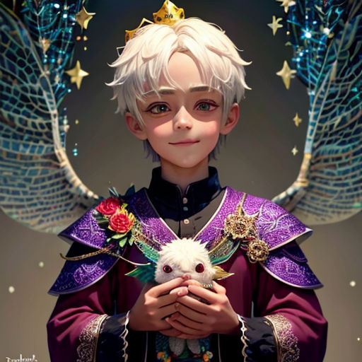 a boy in a purple and purple outfit holding a white animal in his hands with wings and a crown on his head