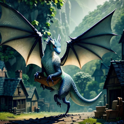 a dragon is flying over a small village in a fantasy setting with a mountain in the background and a house in the foreground