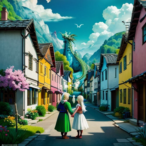 a couple of people that are standing in the street together in front of some houses and a dragon on the wall