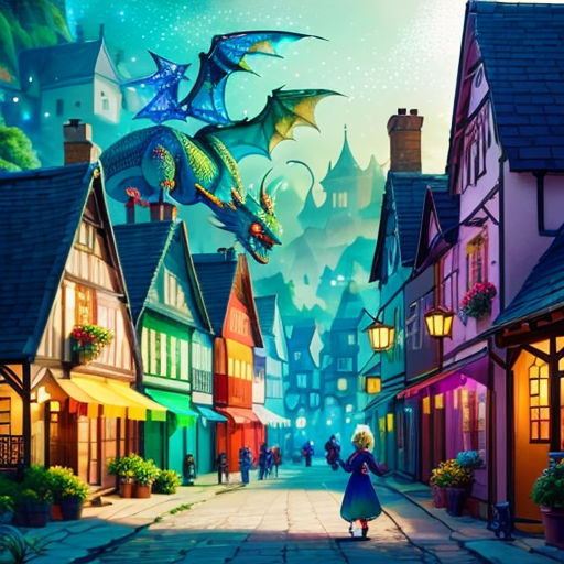 a cartoon of a dragon flying over a town at night with a woman in a dress and a man in a suit