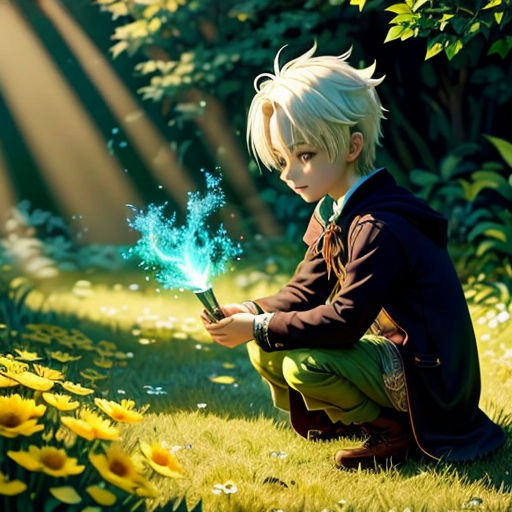 a boy kneeling down in a field of flowers holding a cell phone with a green light coming out of it