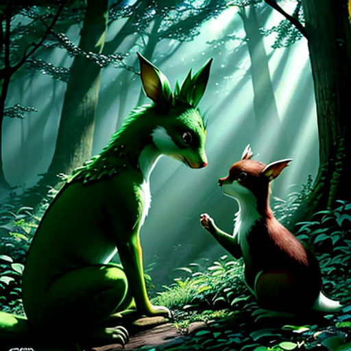 a painting of a fox and a fox cub in the woods with sunlight streaming through the trees and leaves