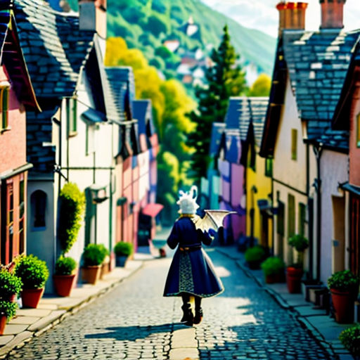 a doll is walking down a cobblestone street in a small town with a mountain in the background