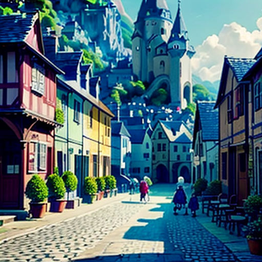 a street with a castle in the background and people walking down it in the foreground, with a person walking on the sidewalk