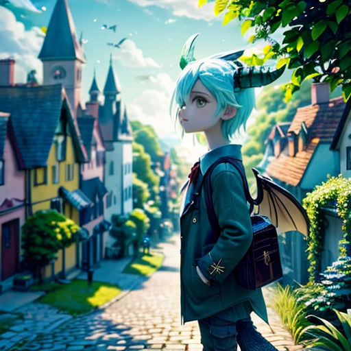 a woman with blue hair and a green jacket is standing in front of a street with houses and trees