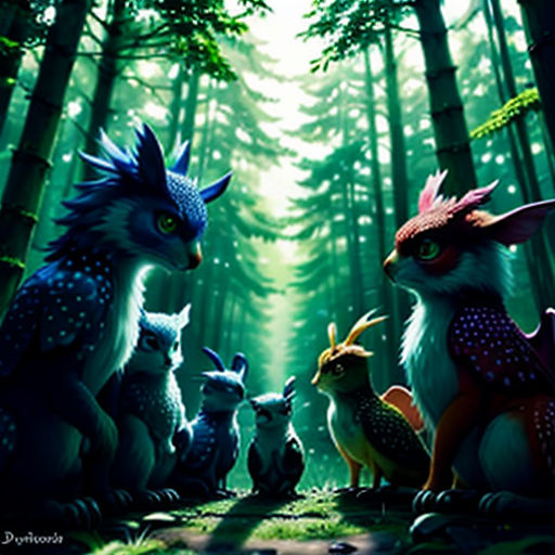 a group of animals standing in the middle of a forest with trees in the background and a forest floor
