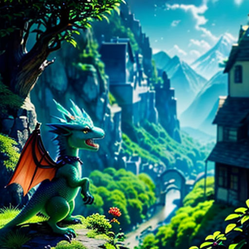 a dragon sitting on top of a lush green hillside next to a forest filled with trees and flowers,
