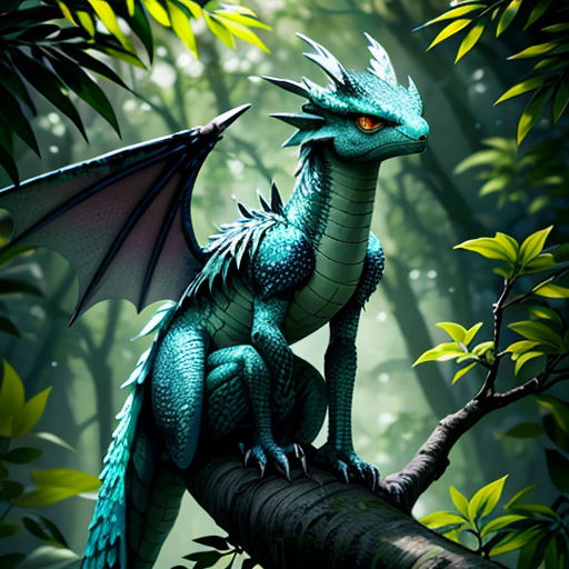 a blue dragon sitting on a tree branch in a forest with green leaves and a green background with a red eye