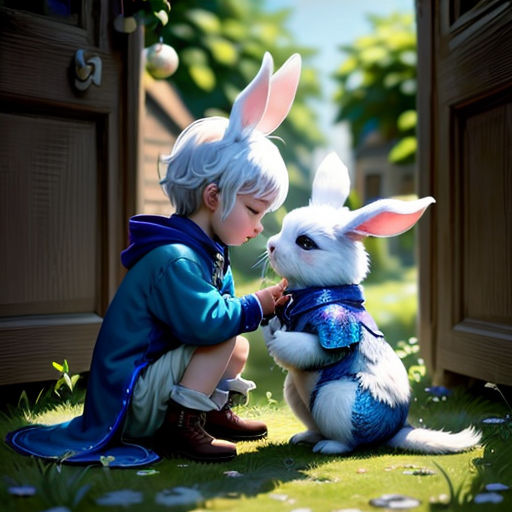 a little boy is petting a white rabbit outside a house with a blue coat and a blue vest