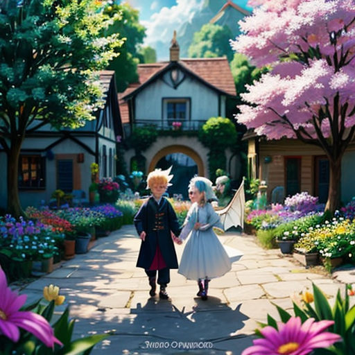 a couple of people that are standing in the dirt near flowers and trees in a garden with a house