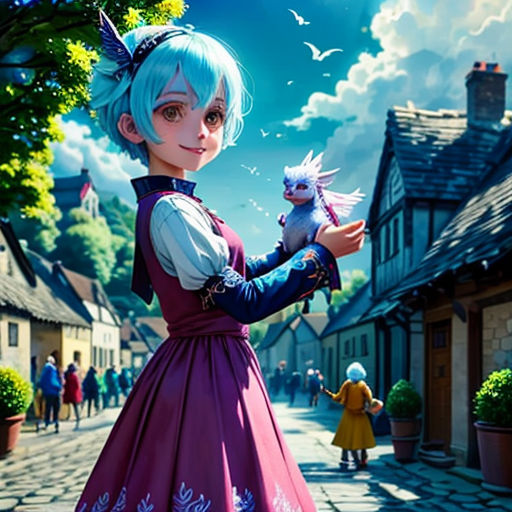 a woman in a dress holding a cat in a street with a sky background and a bird flying over her shoulder