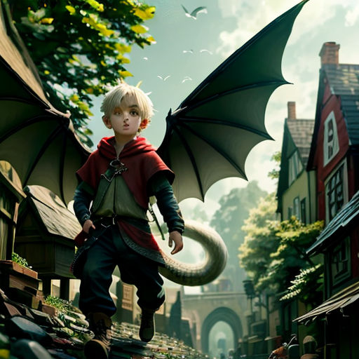 a boy with a dragon tail is walking down a street in a cartoon style scene with a house and a dragon