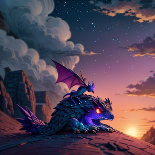a dragon sitting on top of a rock under a cloudy sky with stars and clouds above it, with a purple hue