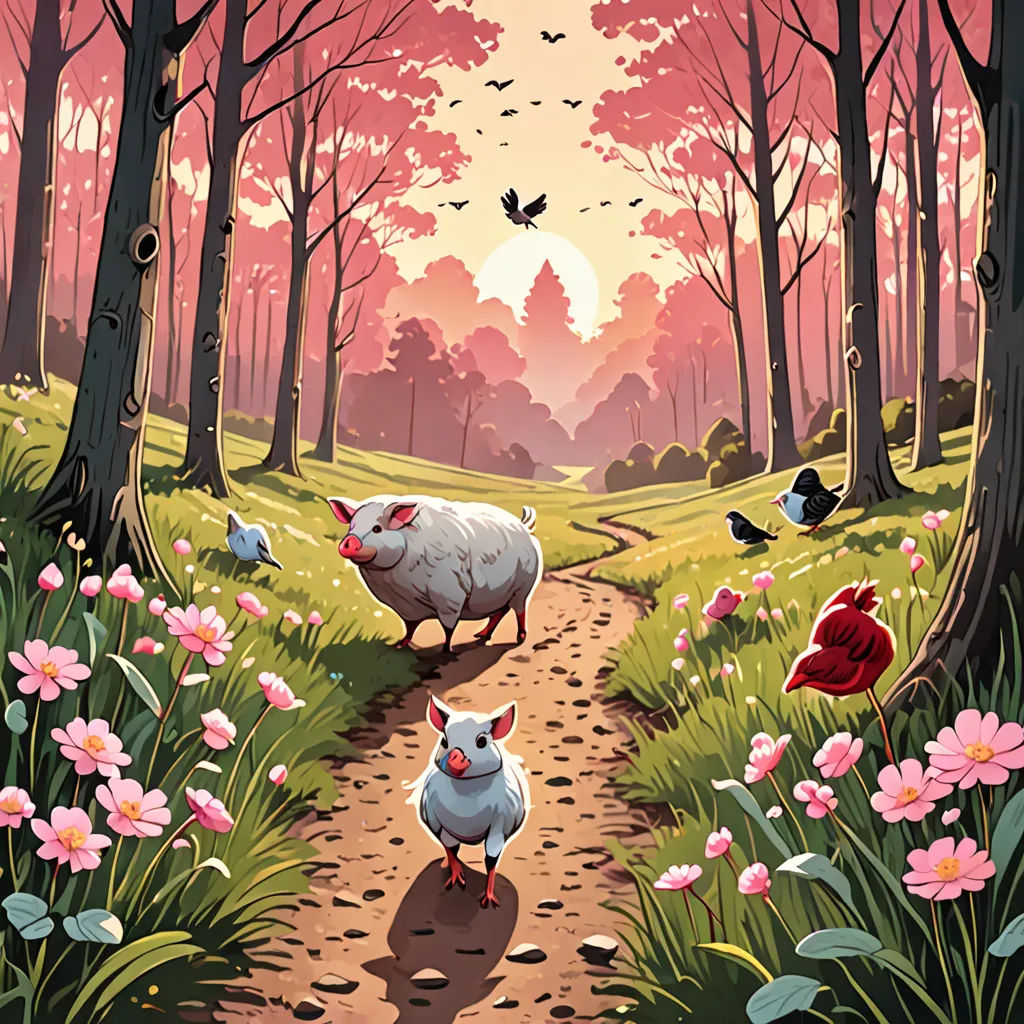 a painting of two birds walking down a path in a forest with flowers and birds flying around them,, fantasy art, a storybook illustration, Chris LaBrooy, rossdraws global illumination