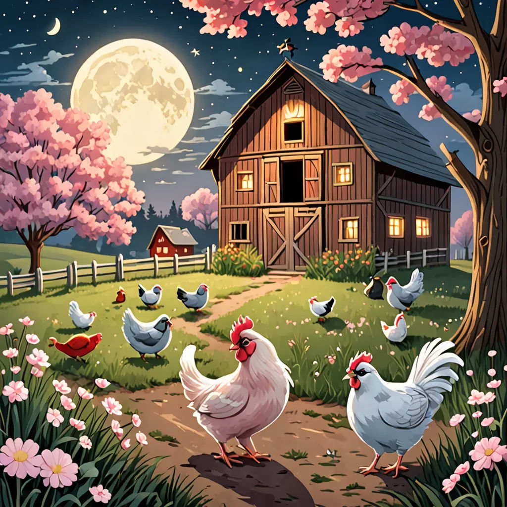 a painting of chickens in a field near a barn at night with a full moon in the background and a full moon in the sky, folk art, a storybook illustration, Dan Mumford, storybook illustration
