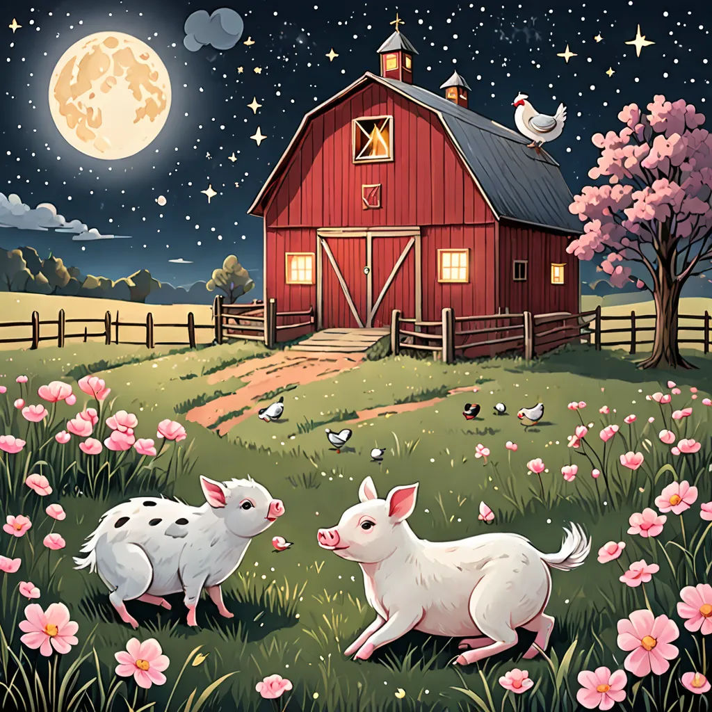 a painting of two white sheep in a field of flowers and a barn with a full moon in the background, folk art, a storybook illustration, Dan Mumford, storybook illustration