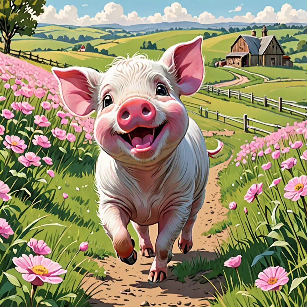 a pig running down a dirt road in a field of flowers with a barn in the background and a pink flowered field, fantastic realism, a storybook illustration, David Young Cameron, storybook illustration