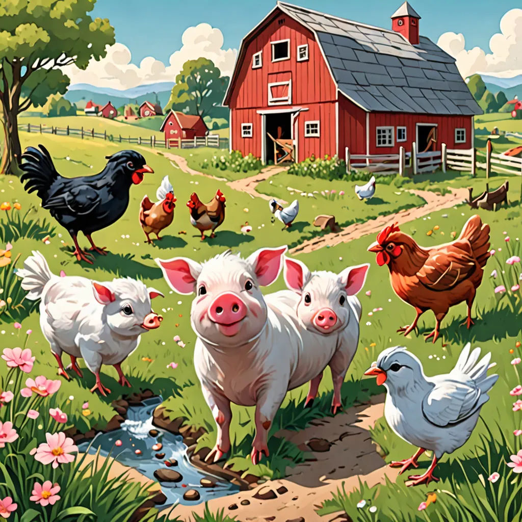 a painting of a farm scene with pigs, chickens, and chickens in the grass and a barn in the background, american scene painting, a storybook illustration, Chris LaBrooy, storybook illustration