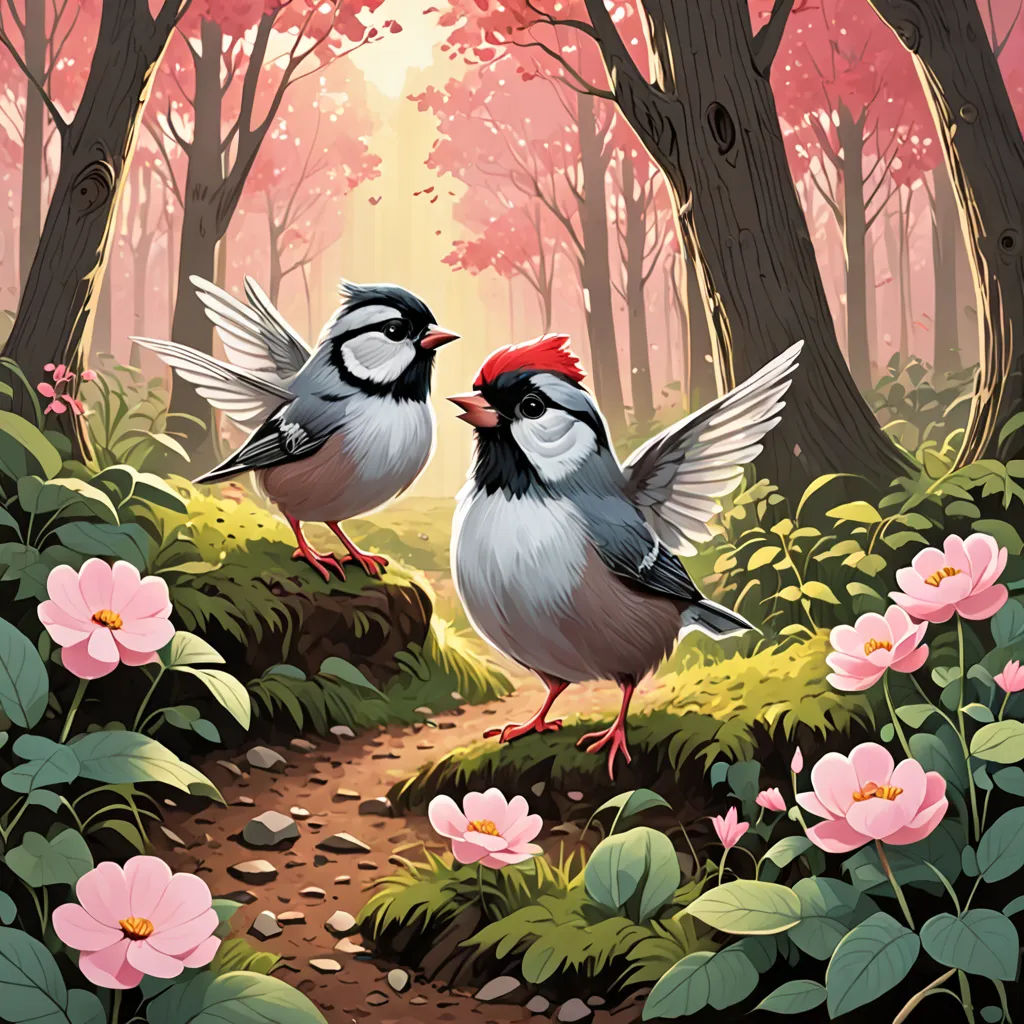 two birds standing on a path in a forest with pink flowers and trees in the background, with a red sun shining through the trees, fantasy art, a storybook illustration, Chris LaBrooy, birds