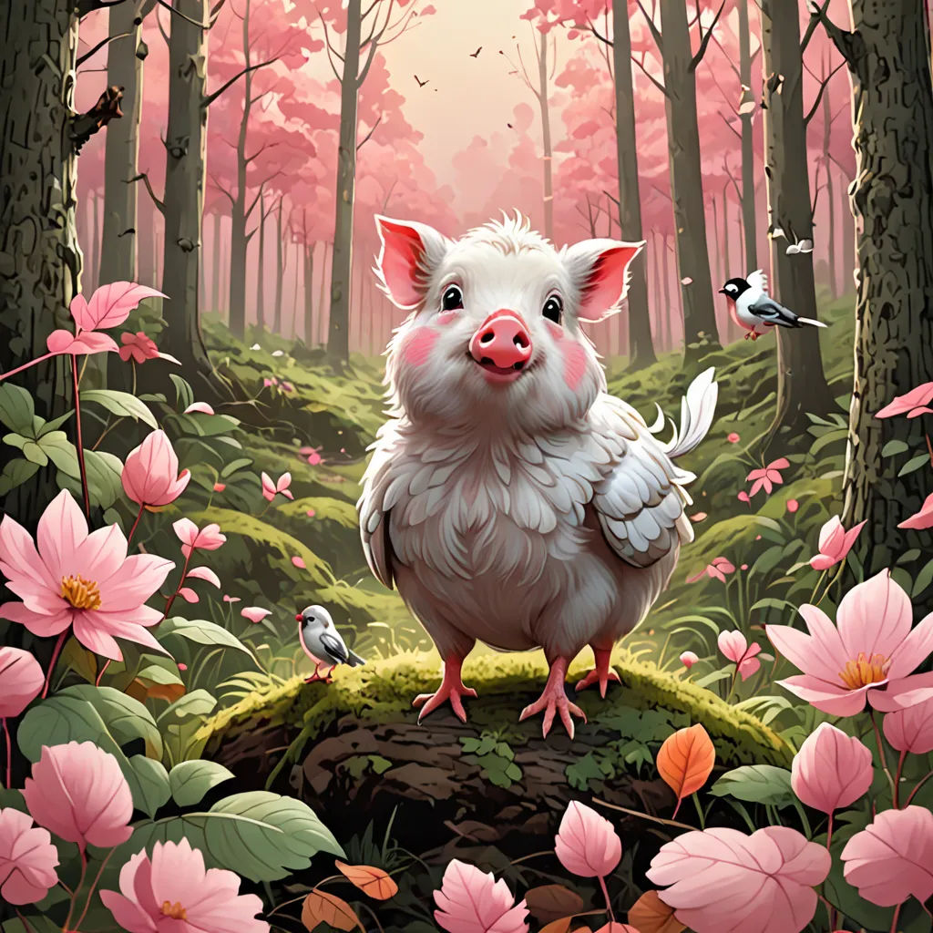 a pig is standing in a forest with pink flowers and birds around it, and a bird is flying over the ground, fantasy art, a storybook illustration, Chris LaBrooy, magic the gathering artwork