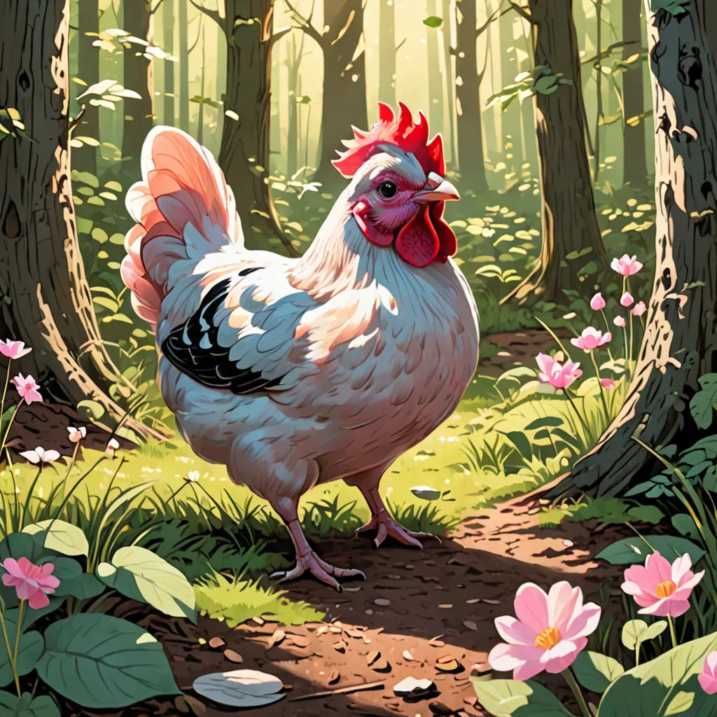 a rooster is standing in the middle of a forest with flowers and trees around it, and a path leading to the woods, context art, a storybook illustration, Chris LaBrooy, rossdraws global illumination