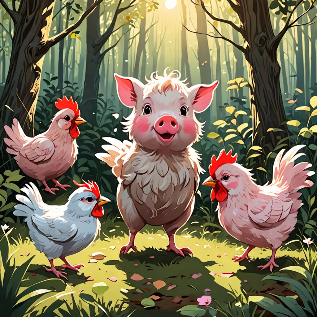 a group of chickens standing in the grass near trees and bushes in a forest with a sun shining through the trees, sots art, a storybook illustration, Diego Gisbert Llorens, rossdraws global illumination