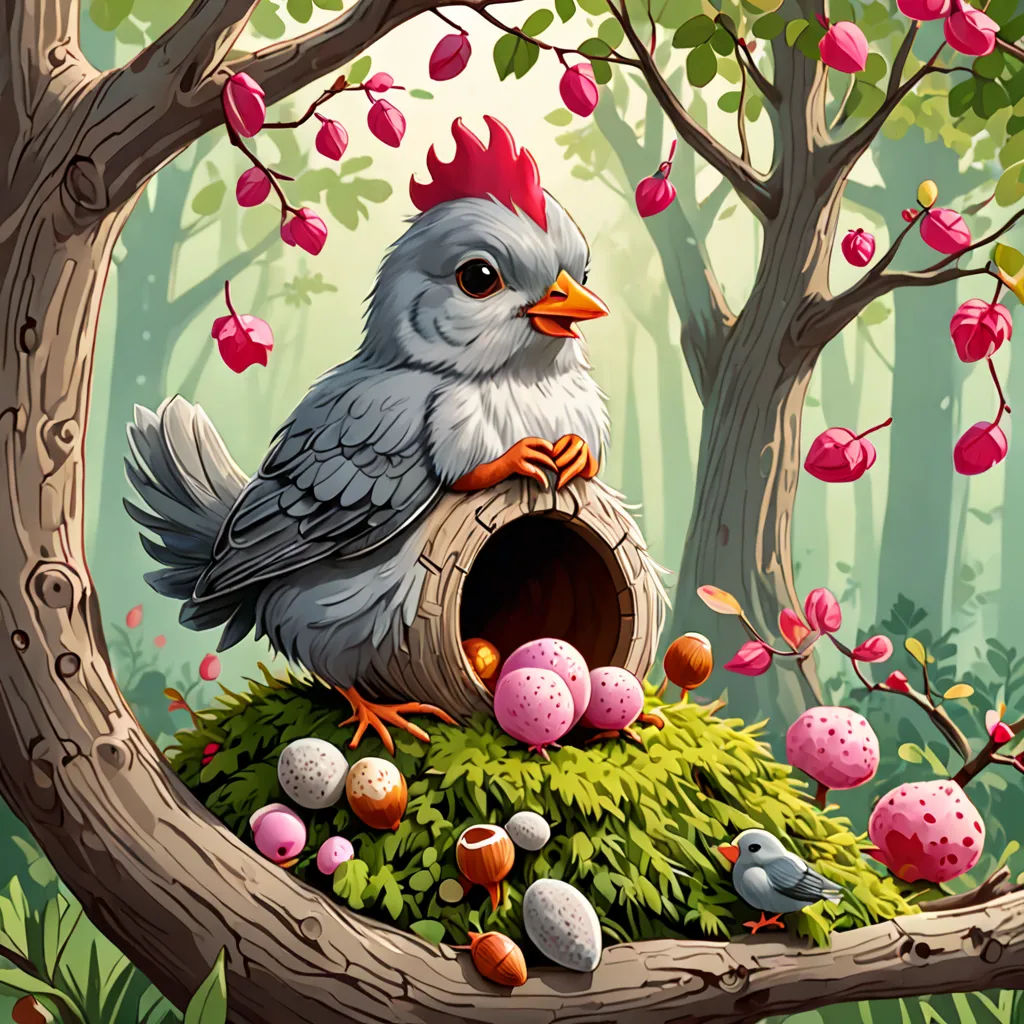 a bird is sitting in a nest in a tree with eggs and flowers around it, with a birdhouse in the background, fantasy art, a storybook illustration, Chris LaBrooy, behance hd