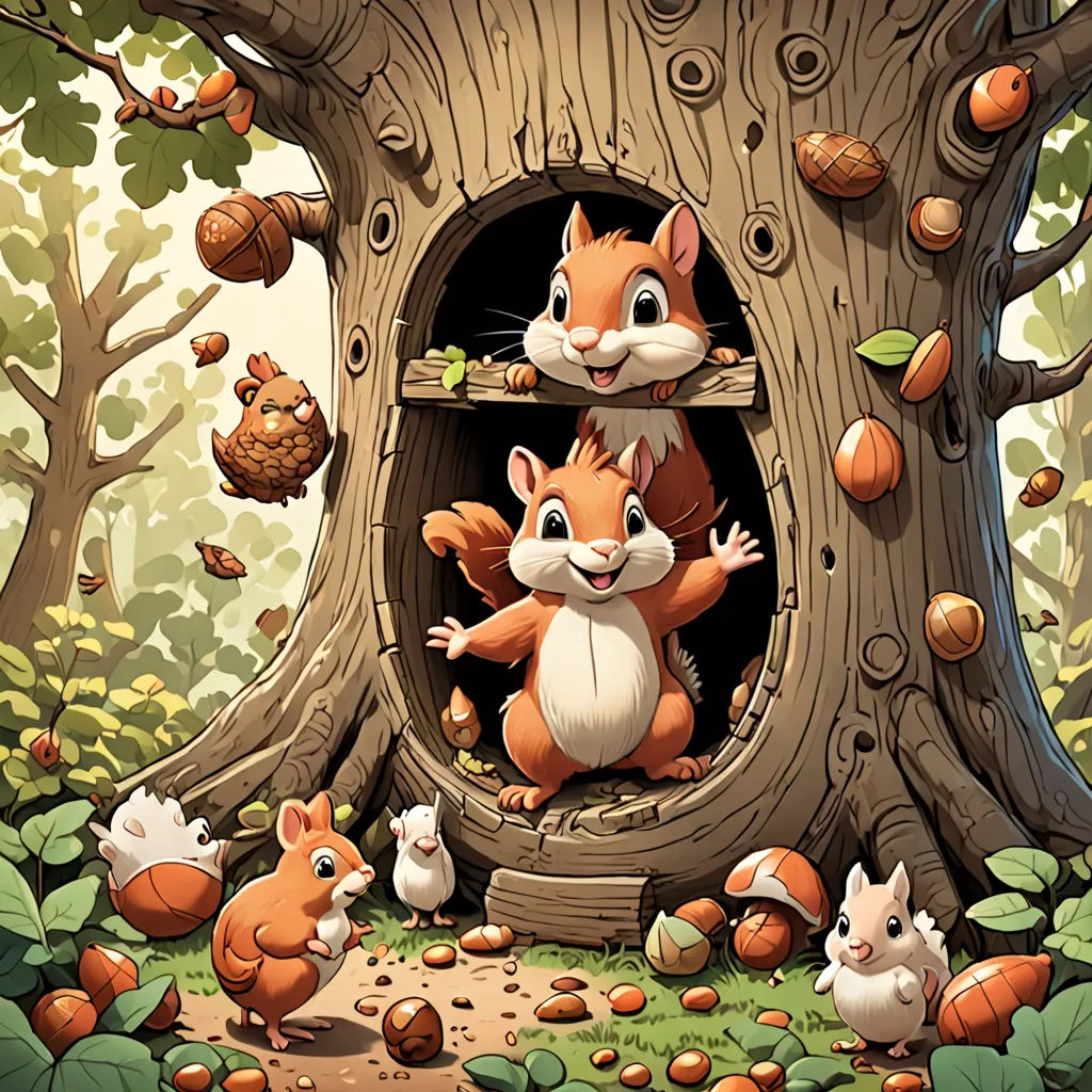 a cartoon squirrel and other animals in a tree with nuts on the ground and a squirrel in the hole, pop surrealism, a storybook illustration, Chris LaBrooy, storybook illustration