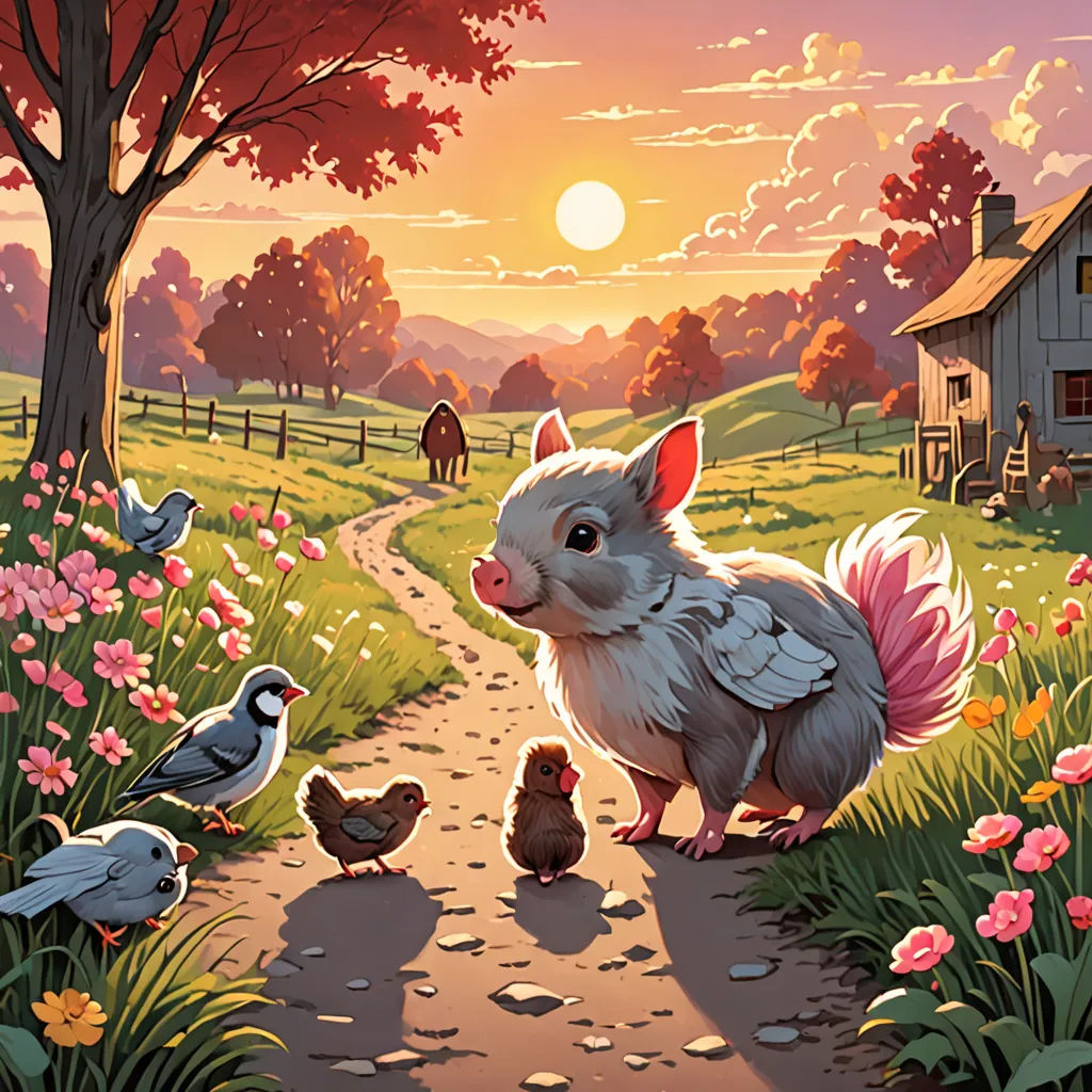a painting of a small animal and birds on a path in a field with flowers and a barn in the background, american scene painting, a storybook illustration, Chris LaBrooy, official art