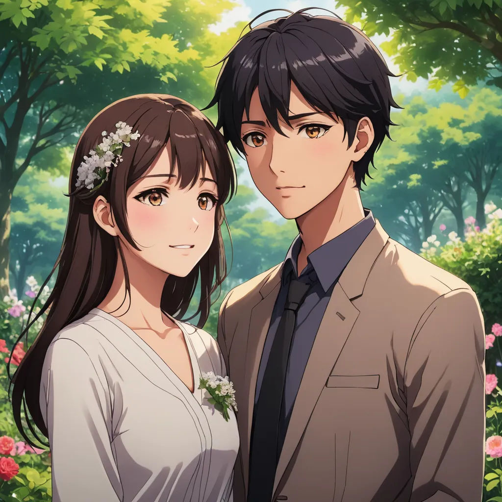 a couple standing next to each other in a forest with flowers on their hair and a man in a suit, sots art, a stock photo, Ai-Mitsu, official art