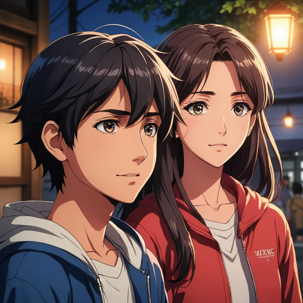 two people standing next to each other in front of a street light at night with a lantern on the side of the street, sots art, concept art, Ai-Mitsu, official art