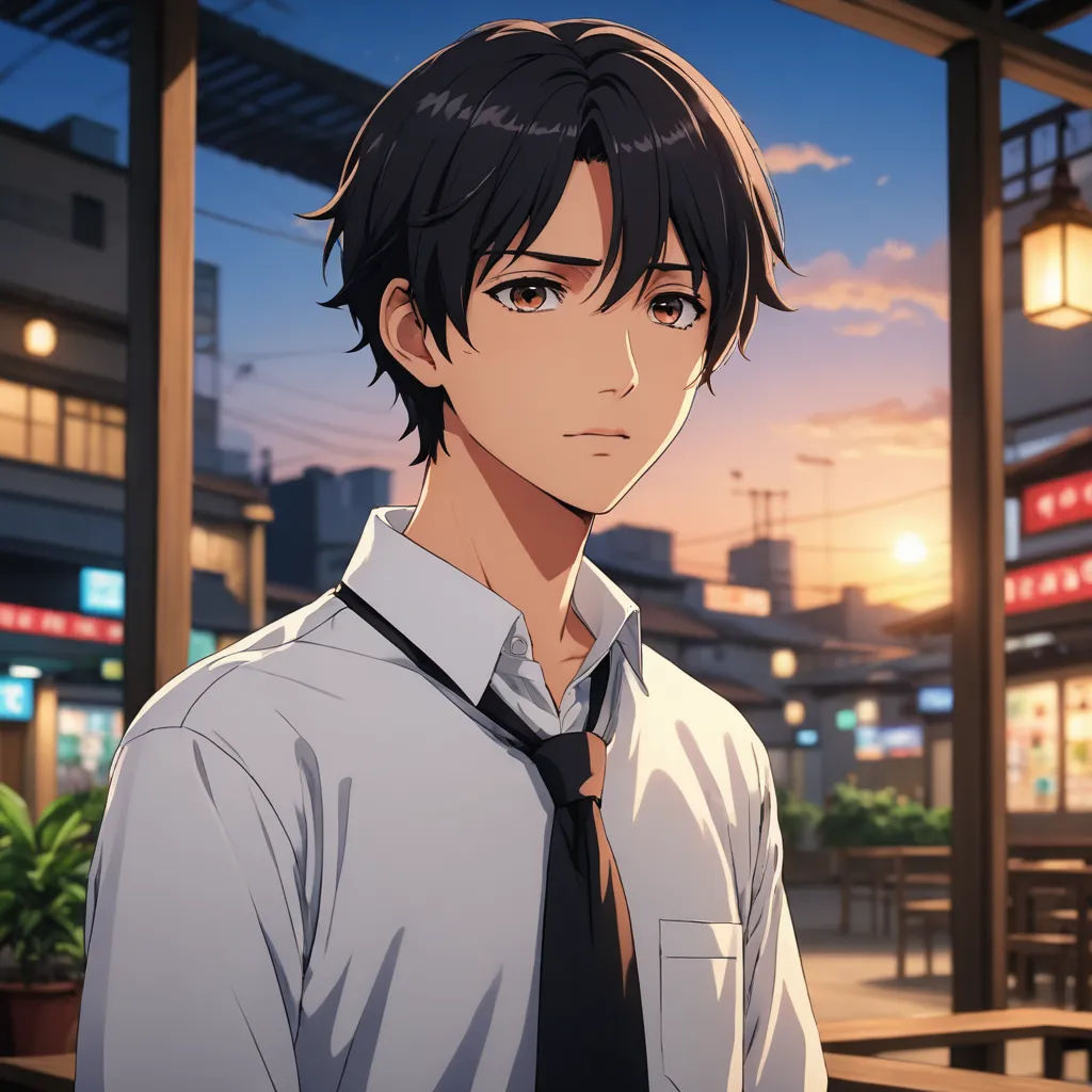 a man in a tie standing in front of a building at sunset with a city in the background and a building with a sign that says,, sots art, a character portrait, Cedric Seaut (Keos Masons), official art