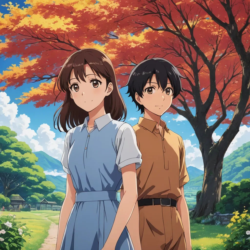a couple of people standing next to each other in a field with trees in the background and a sky with clouds, color field, poster art, Ai-Mitsu, official art