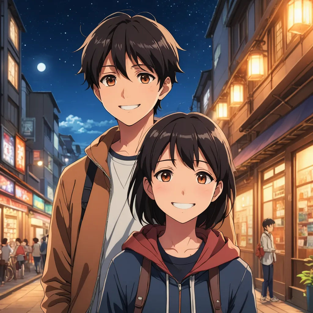 a couple of people standing in front of a building at night time with a full moon in the sky, sots art, poster art, Ai-Mitsu, official art