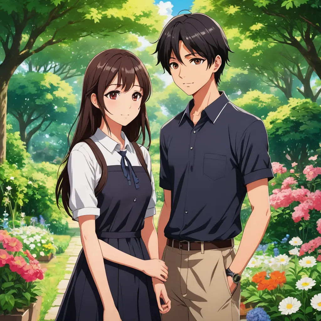 a couple of people standing next to each other in a field of flowers and trees with flowers in the background, sots art, computer graphics, Ai-Mitsu, official art