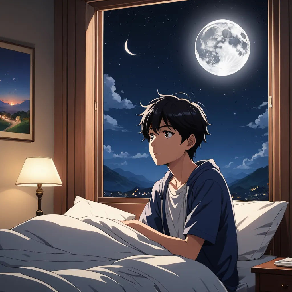a man sitting in bed looking out a window at the moon and stars in the sky above him, with a lamp on the nightstand, sots art, an anime drawing, Artgerm, official art