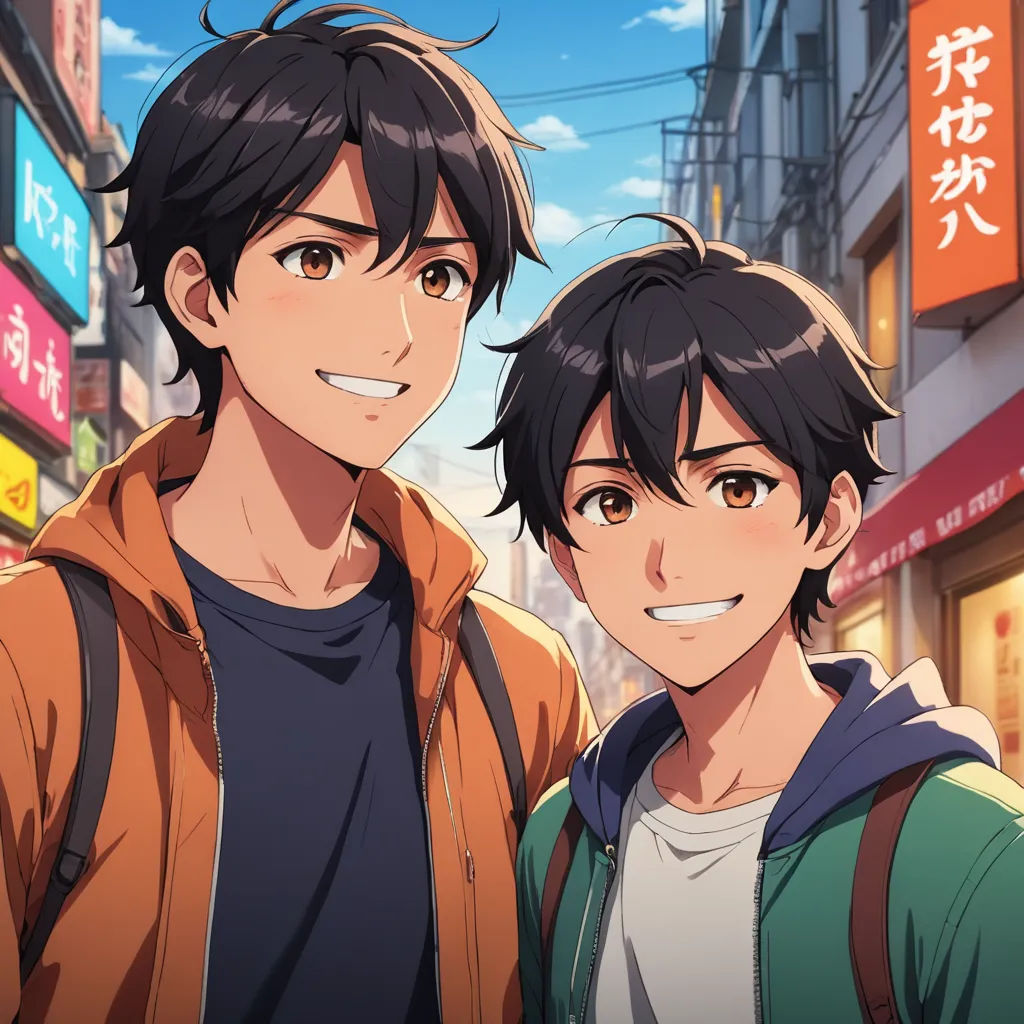 two people standing in front of a city street with a sky background and asian characters on the street behind them, sots art, concept art, Ai-Mitsu, official art
